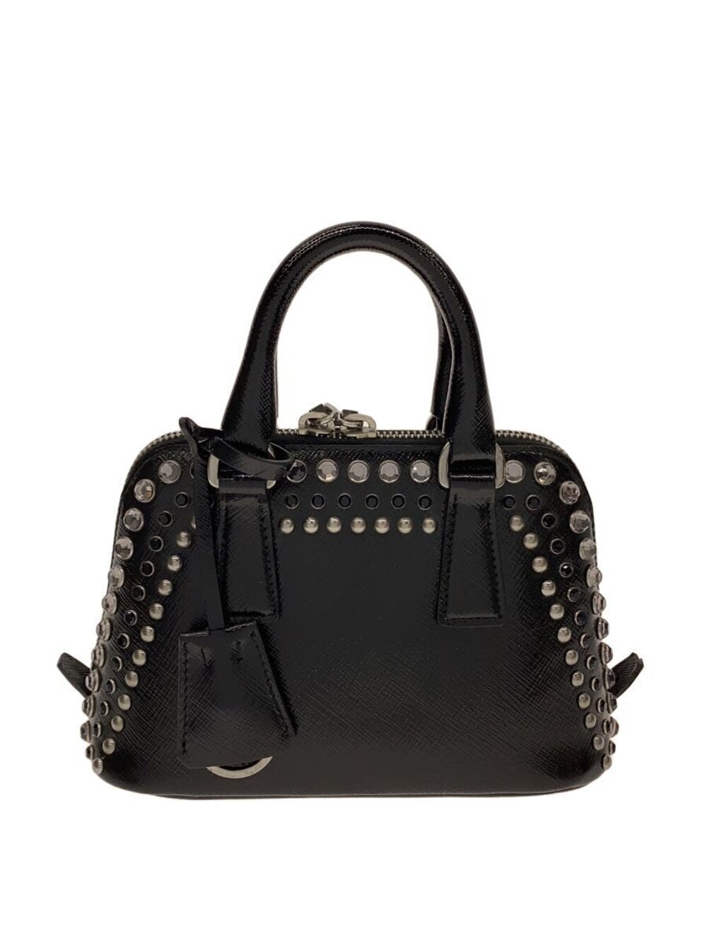 Prada Studded Handbag Crossbody Bag Patent Vernis Crossgrain Leather Black